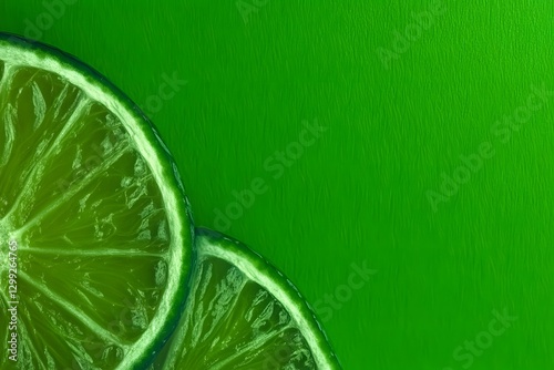 Zesty Citrus: A close-up shot of vibrant lime slices on a matching green backdrop, capturing the freshness and zest of this popular fruit. 