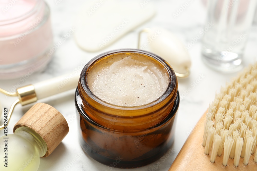 Different body care products on white marble table, closeup Different body care products on white marble table, closeup