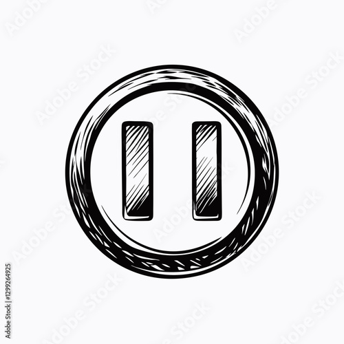 Round pause button icon with sketched lines shows digital media control for stopping playback. Concept: music app, UI interface, video UX