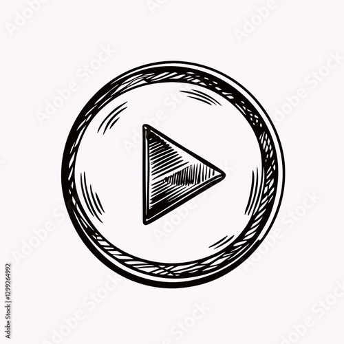 Vintage play button with textured border and central triangle symbol on aged paper. Retro multimedia interface element with engraved style details. Concept: music streaming, vintage media, retro 