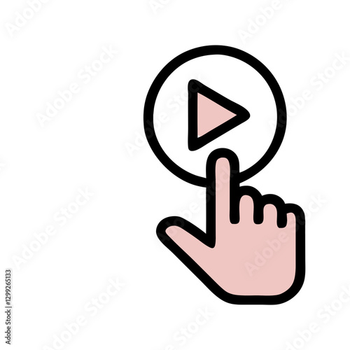 Cartoon hand cursor hovers over white and pink play button. Playful interaction design with black outline details. Concept: Media services, interactive design, digital entertainment