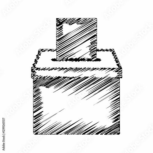 Hand-drawn ballot box sketch shows voting slip being inserted. Simple hatched shading creates depth on cube-shaped container. Democratic participation captured in minimalist style. Concept: Electoral 