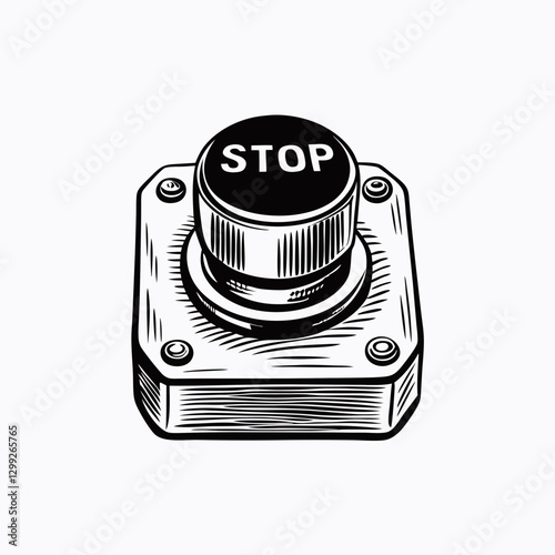 Hand-drawn stop button in mechanical style represents emergency switch, security control, and power off mechanism. Concept hardware UI, safety equipment, industrial alert.Black-and-white sketch vector