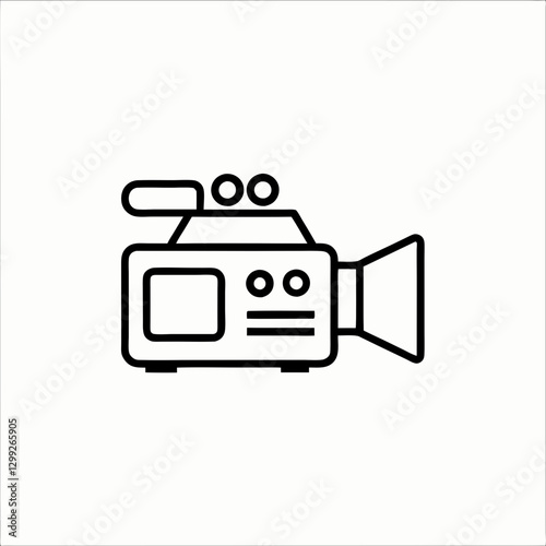 Simple line drawing of handheld camcorder with recording lens and viewfinder on white background. Iconic representation of video recording device with minimal details. Concept: video production
