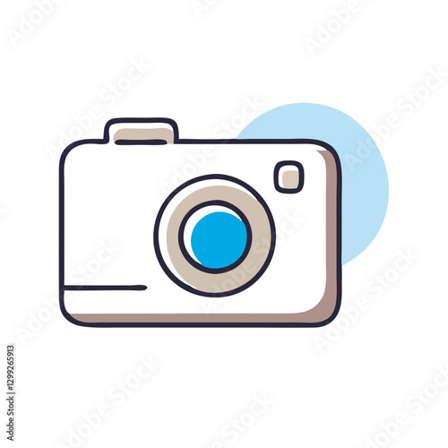 Friendly white camera with blue lens and circular backdrop. Childlike drawing style with rounded edges creates approachable feel. Concept: photography, visual content, creative media