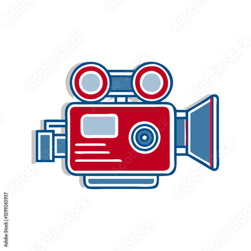 Red and blue stylized vintage movie camera with flat, sticker-like appearance on white background. Simple clean design evokes classic filmmaking nostalgia. Concept: film production, video creation