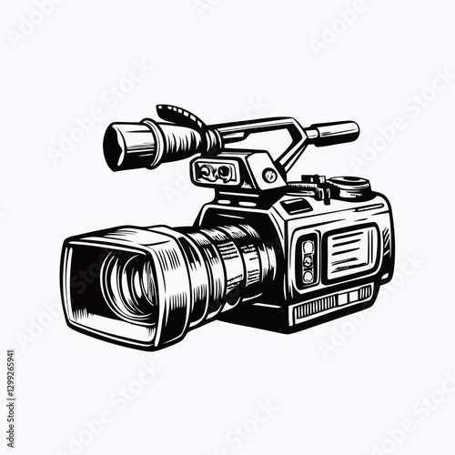 Professional vintage video camera rendered in detailed black and white illustration. Classic broadcasting equipment with viewfinder and microphone. Concept: News Agency, Media Production, Film School