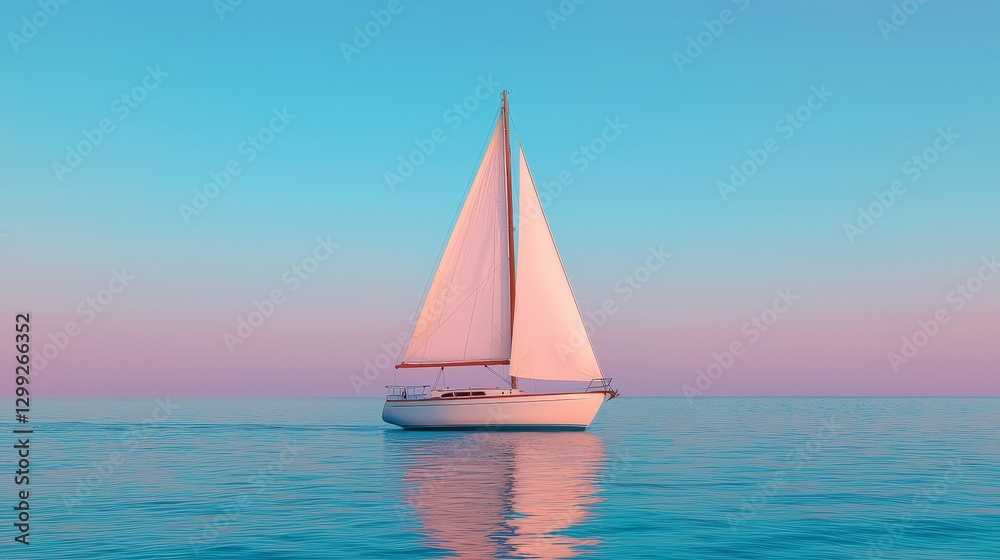 Fototapeta premium Sailboat at sunset, calm sea, pastel sky
