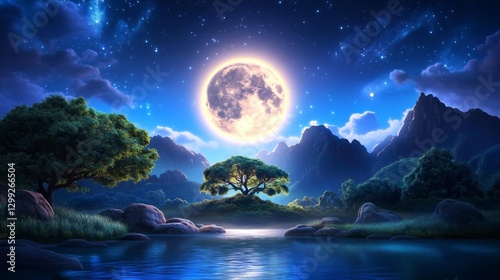 Moonlit Tranquil Lake with Full Moon and Beautiful Starry Sky. Generative AI photo