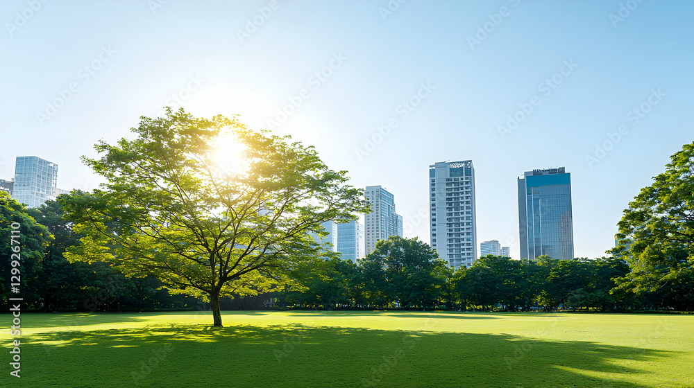 Lush Green Park Landscape With Trees Under Bright Sunlight And Skyscrapers In The Background Lush Green Park Landscape With Trees Under Bright Sunlight And Skyscrapers In The Background