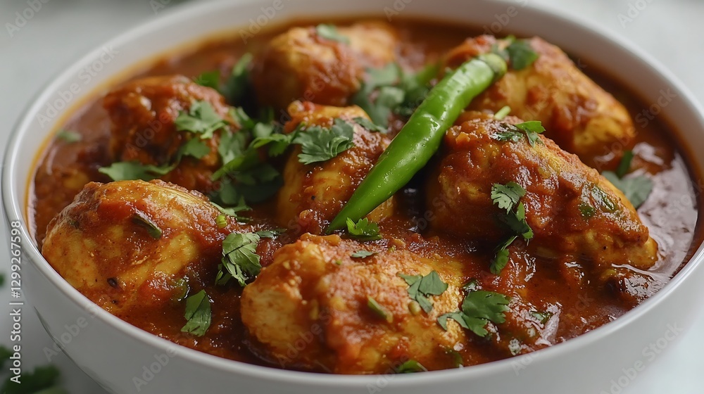 Bowl of desi chicken karahi a rich tomato and ginger gravy garnished with green chilies and cilantro Bowl of desi chicken karahi a rich tomato and ginger gravy garnished with green chilies and cilantro