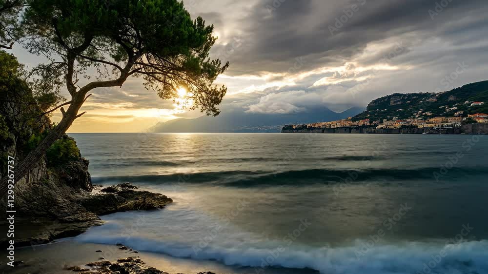 Coastal sunset view of the Italian city with dramatic skies and crashing waves, Beautiful view of the coast of the Italian city of Sorrento in Italy