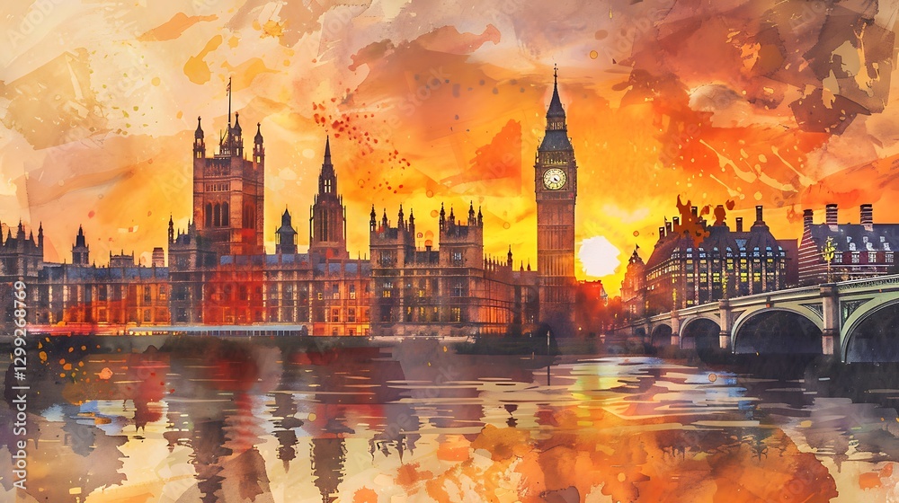Obraz premium Big Ben and Houses of Parliament on watercolor background, London, UK