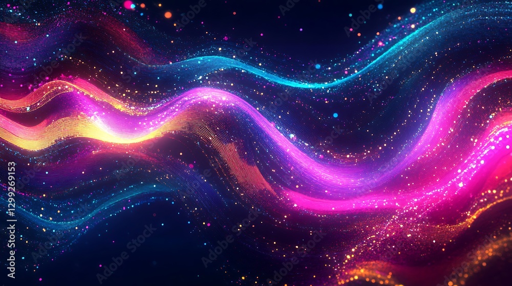 An abstract background with swirling, neon-colored waves of data and light particles An abstract background with swirling, neon-colored waves of data and light particles