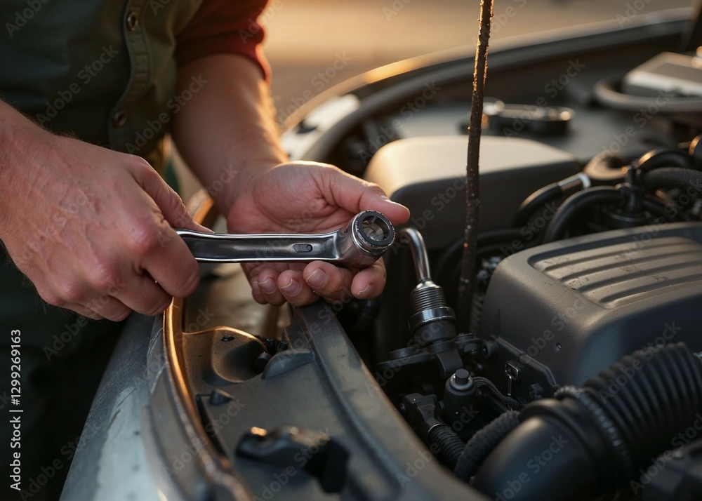 Mechanic using an adjustable wrench on a car engine during sunset Mechanic using an adjustable wrench on a car engine during sunset