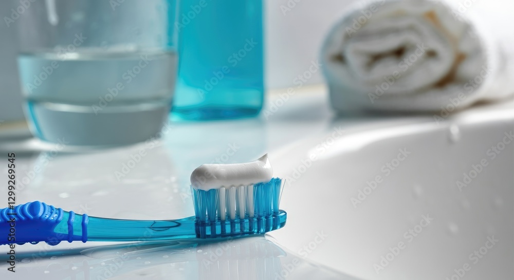 Blue toothbrush with toothpaste by sink in clean bathroom Blue toothbrush with toothpaste by sink in clean bathroom