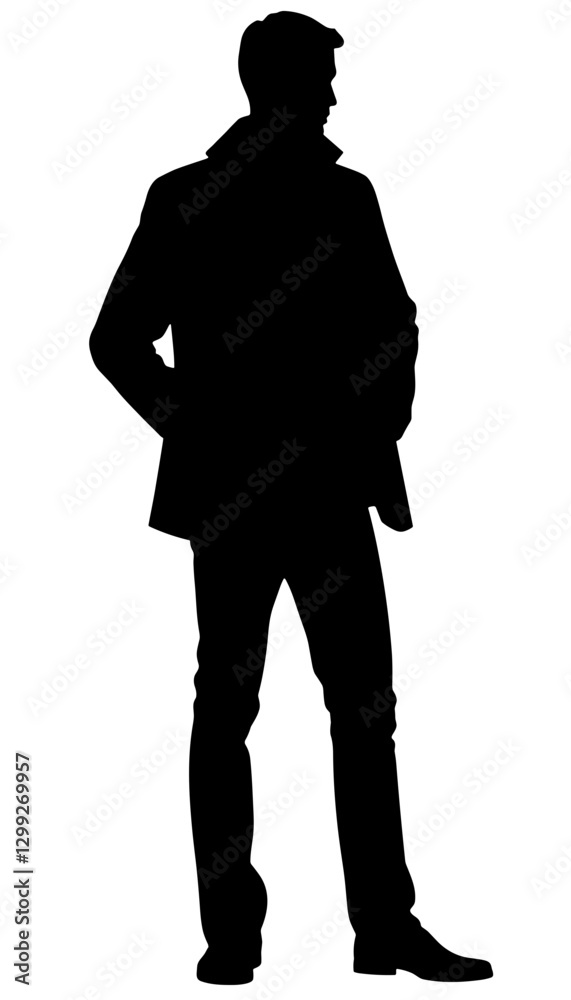 Detailed silhouette of a person patting pockets against white background, organization Detailed silhouette of a person patting pockets against white background, organization