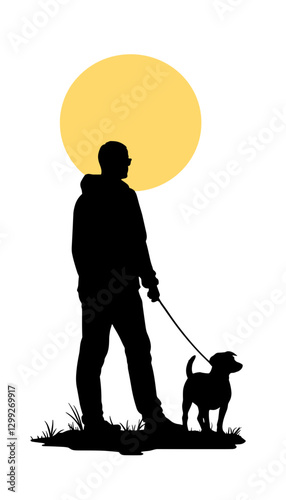 Silhouette of a person walking a dog at sunset, evening companionship
