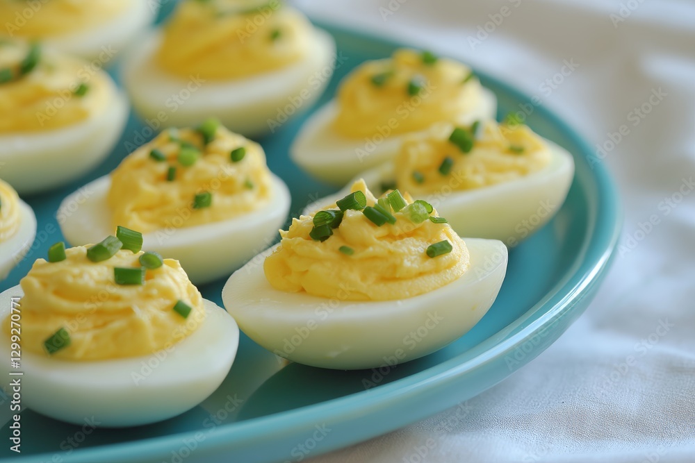 Deviled eggs arranged on blue platter topped with fresh chives. Concept of deviled eggs showcases delicious appetizers perfect for gatherings or celebrations Deviled eggs arranged on blue platter topped with fresh chives. Concept of deviled eggs showcases delicious appetizers perfect for gatherings or celebrations