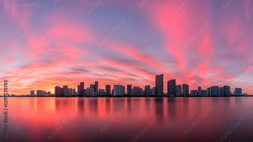 Obraz premium Panoramic View of City Skyline Reflected in Calm Water During a Vibrant Pink and Orange Sunset