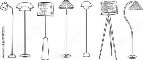 Ensemble illustrations lampe lampadaire décoration intérieur design vecteur trait noir