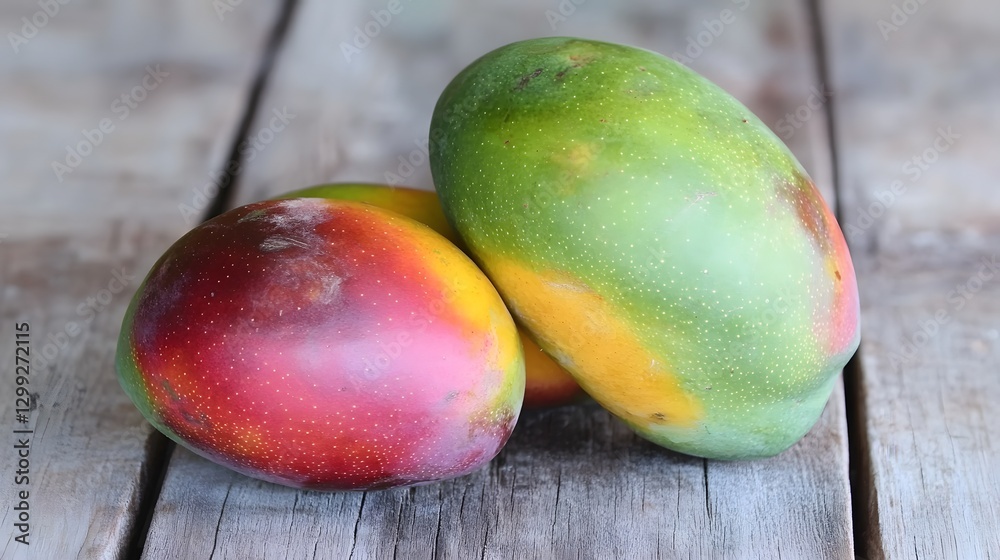 Ripe Juicy Mangoes on Rustic Wooden Table Ripe Juicy Mangoes on Rustic Wooden Table