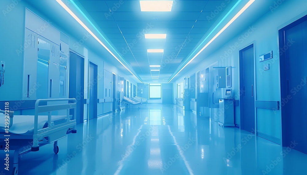 Obraz premium Interior of a hospital corridor with blue lights, 3d render
