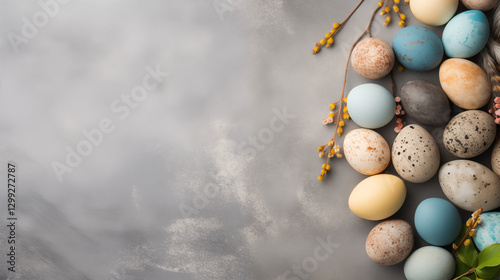 Flat lay composition with Easter eggs and sprin nature materials like herbs and feathers on neutral textured background with copy space. Easter and spring inspiration banner with copy space
