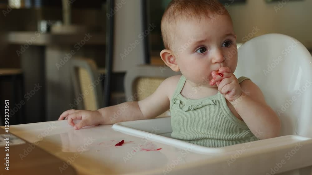 A baby sitting in a high chair is eating a snack, with some food on the tray and a bit on their hands. A baby sitting in a high chair is eating a snack, with some food on the tray and a bit on their hands.