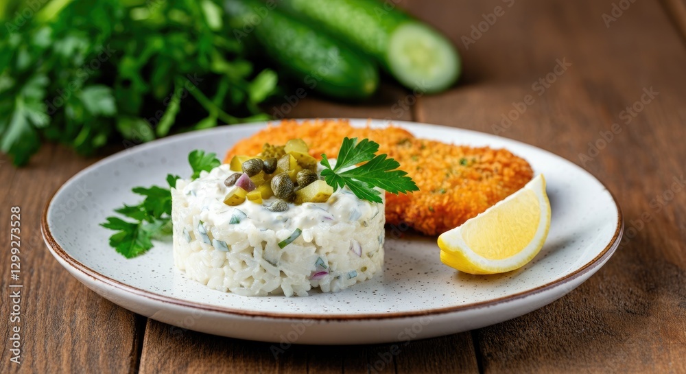 Tasty fish cutlet with potato salad, garnished parsley and lemon Tasty fish cutlet with potato salad, garnished parsley and lemon