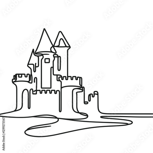 Sand castle icon with flowing design, childhood creativity concept, line drawing