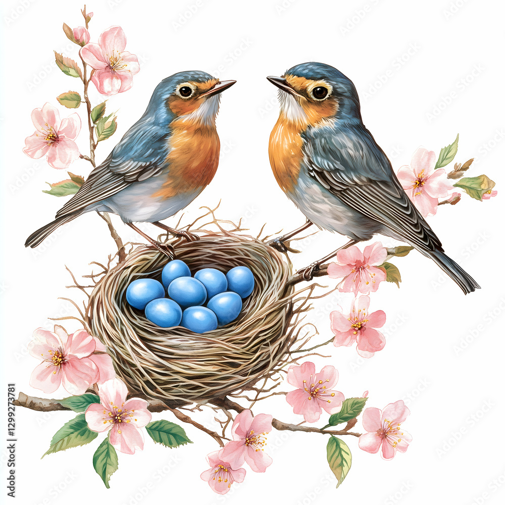 Fototapeta premium Charming seamless pattern featuring birds, blossoms, and a nest with blue eggs in a tranquil setting. Generative AI