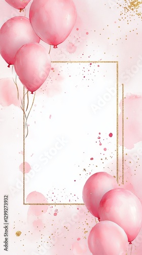 pink watercolor balloon frame with gold glitter, pink balloons around the golden square frame on white background