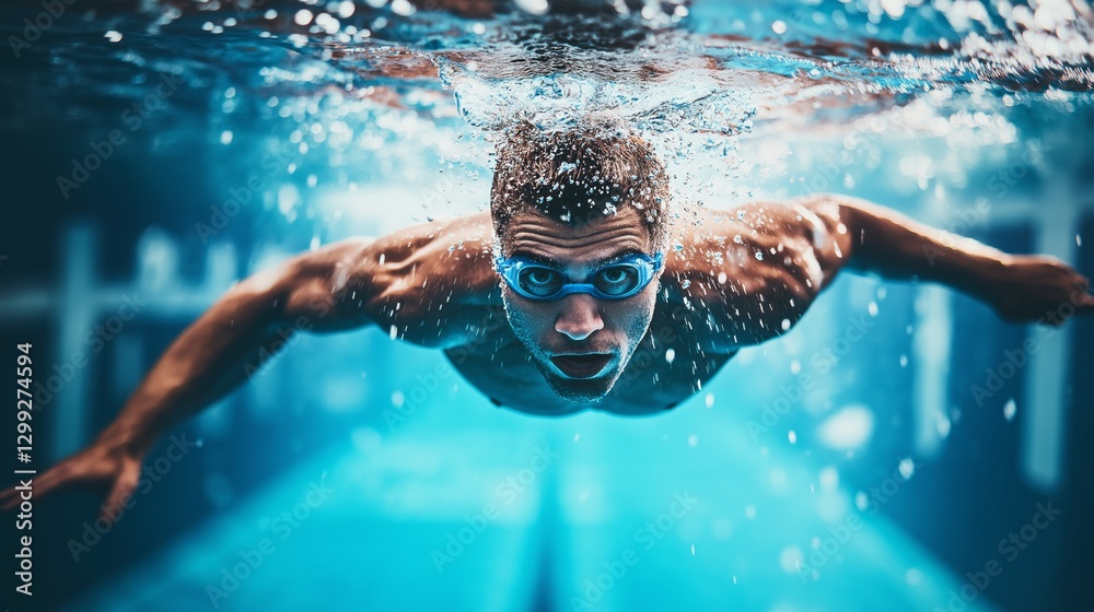 Fototapeta premium A dedicated athlete propels himself forward underwater, showcasing powerful strokes and intense focus. The bright blue hues create a mesmerizing backdrop, highlighting his impressive form