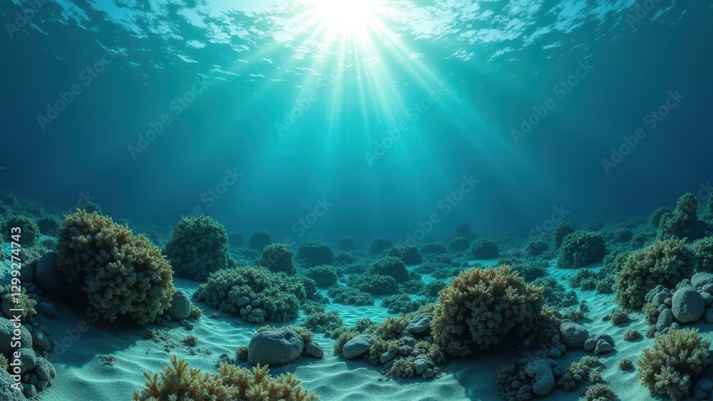 Fototapeta premium Sunlight illuminating an underwater coral reef with skull-shaped rock formations and bleaching effects 