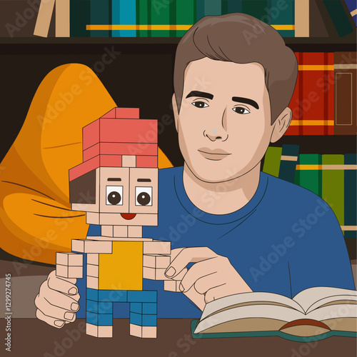 A young man engrossed in creating a playful toy character from building blocks, showcasing creativity and imagination. A cozy reading nook adds charm.