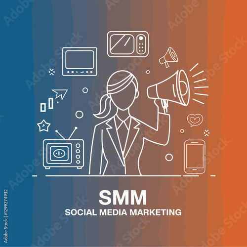 An engaging illustration representing social media marketing, featuring a woman with a megaphone and various media icons, emphasizing digital promotion.