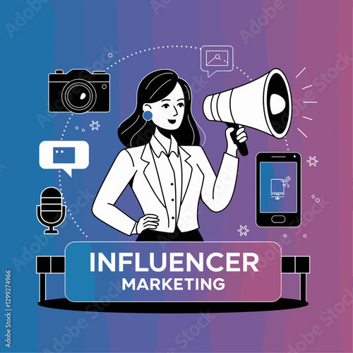 A modern illustration showcasing influencer marketing. Features a confident woman with a megaphone, surrounded by social media icons, a camera, and a smartphone.