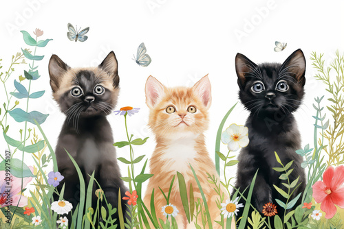 Three curious kittens sitting in wildflowers and watching butterflies
