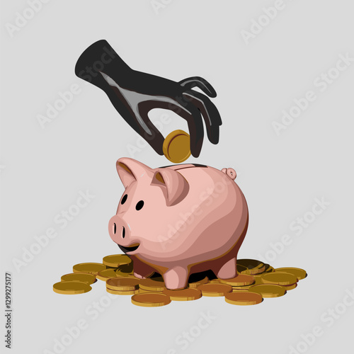 A vibrant digital illustration depicting a hand dropping a coin into a pink piggy bank, surrounded by scattered coins, symbolizing savings and financial growth.
