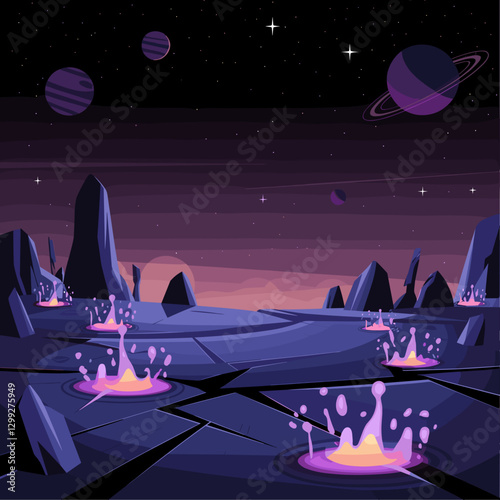 Explore a vibrant cosmic scene featuring a surreal alien landscape. Purple planets, rocky formations, and glowing liquid pools create an otherworldly atmosphere.