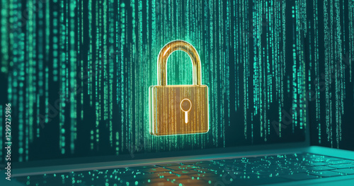 Golden padlock protecting data stream on laptop: cybersecurity concept
