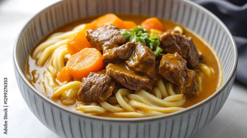 Bowl of Japanese curry udon thick noodles carrots and chunks of beef Bowl of Japanese curry udon thick noodles carrots and chunks of beef