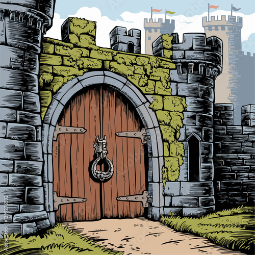 A vividly illustrated entrance to a medieval castle, featuring a sturdy wooden door adorned with a knocker, surrounded by moss-covered stone walls and towering battlements.