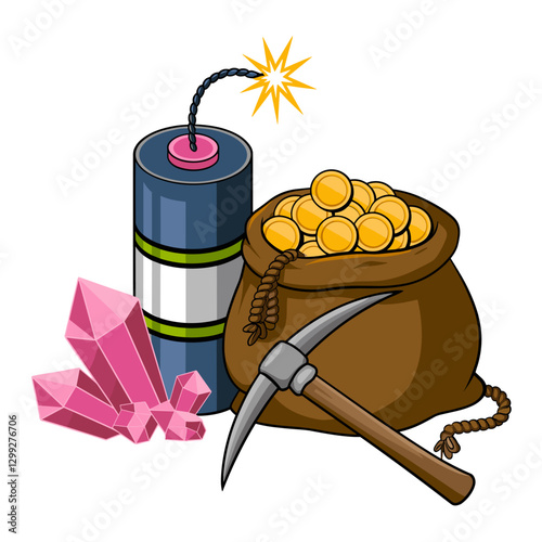 A colorful illustration featuring a bag of gold coins, pink crystals, a mining pickaxe, and dynamite with a fuse. Perfect for adventure-themed projects!