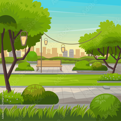 Enjoy a serene view of an urban park featuring neatly trimmed bushes, trees, and a wooden bench, perfect for relaxation and leisure.