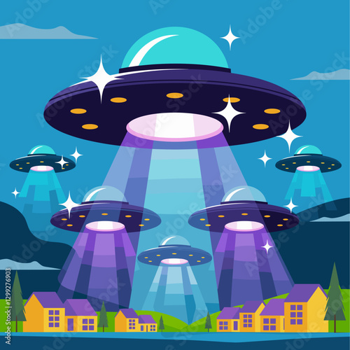 A vibrant illustration of UFOs beaming down lights in a picturesque village. Perfect for whimsical projects and themes related to aliens or science fiction.