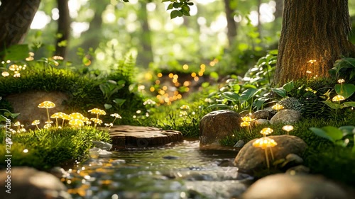 Magical sunlight filtering through trees in a serene forest with glistening stream and blooming flowers