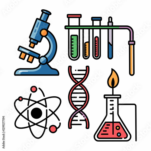 A vibrant set of laboratory icons featuring a microscope, test tubes, DNA, an atom, and a flask. Perfect for educational materials and scientific themes.