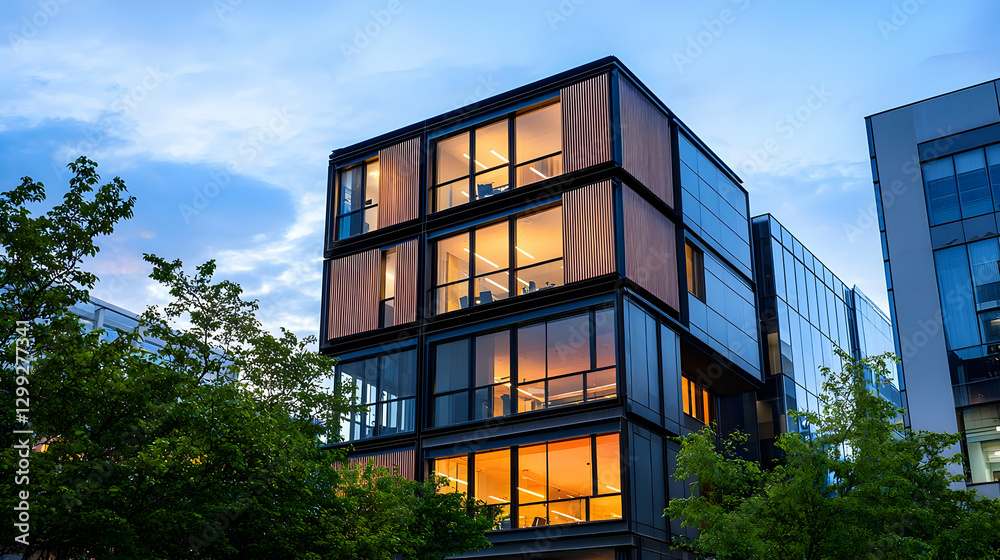Fototapeta premium Modern Office Building Exterior With Illuminated Windows and Green Trees in the Evening